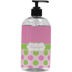 Pink & Green Dots Plastic Soap / Lotion Dispenser (16 oz - Large - Black) (Personalized)