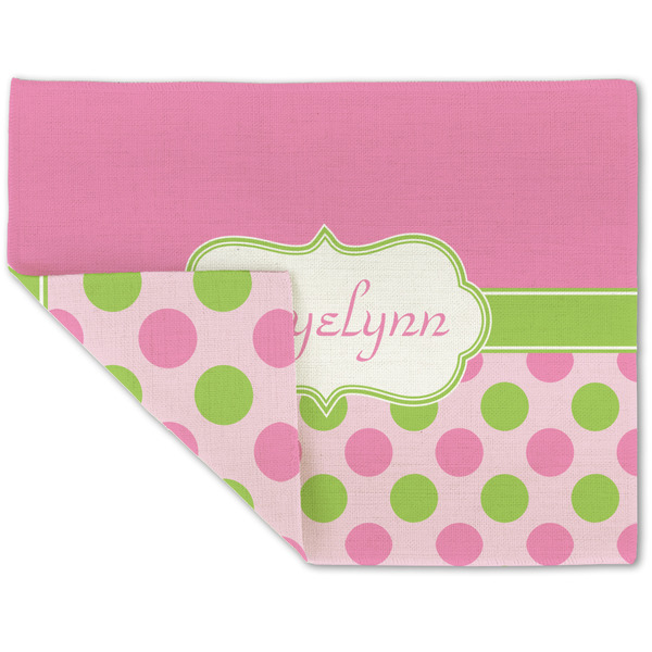 Custom Pink & Green Dots Double-Sided Linen Placemat - Single w/ Name or Text