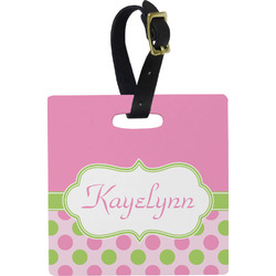 Pink & Green Dots Plastic Luggage Tag - Square w/ Name or Text