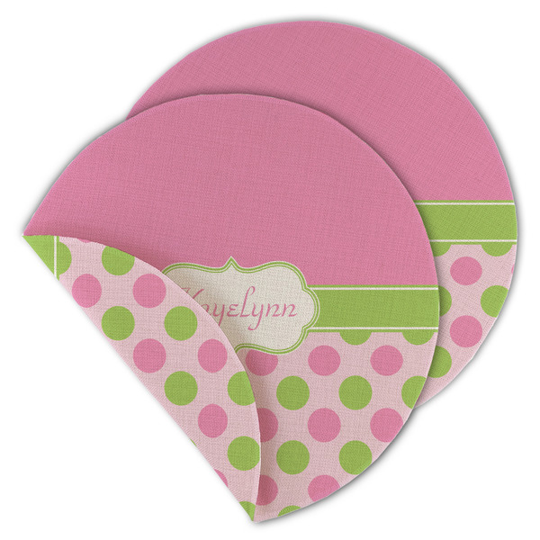 Custom Pink & Green Dots Round Linen Placemat - Double Sided - Set of 4 (Personalized)