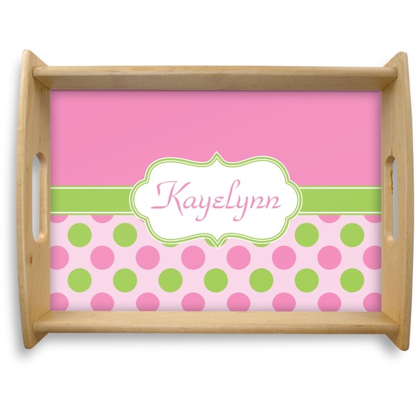 Custom Pink & Green Dots Natural Wooden Tray - Large (Personalized)