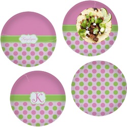 Pink & Green Dots Set of 4 Glass Lunch / Dinner Plate 10" (Personalized)