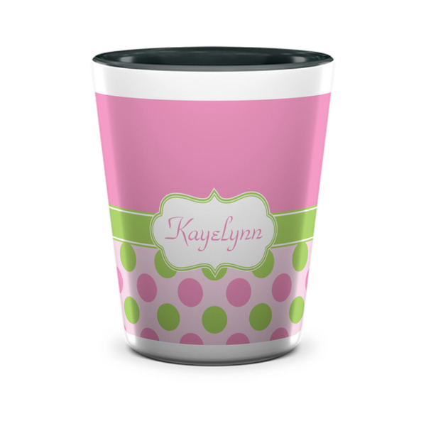 Custom Pink & Green Dots Ceramic Shot Glass - 1.5 oz - Two Tone - Single (Personalized)