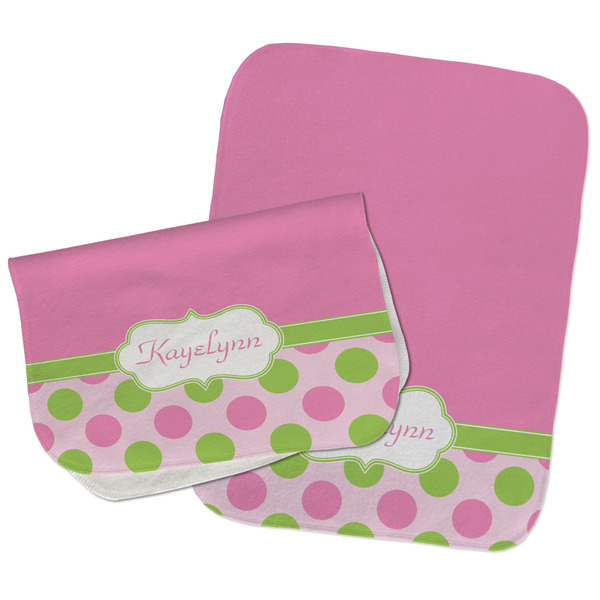 Custom Pink & Green Dots Burp Cloths - Fleece - Set of 2 w/ Name or Text