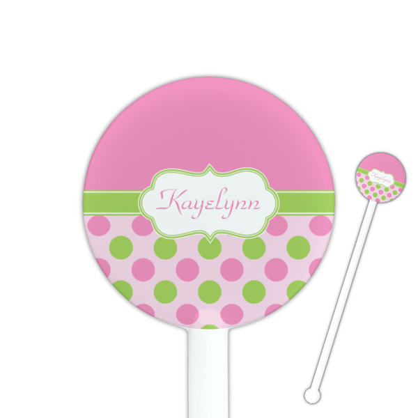 Custom Pink & Green Dots 5.5" Round Plastic Stir Sticks - White - Single Sided (Personalized)