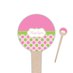 Pink & Green Dots 4" Round Wooden Food Picks - Single Sided (Personalized)