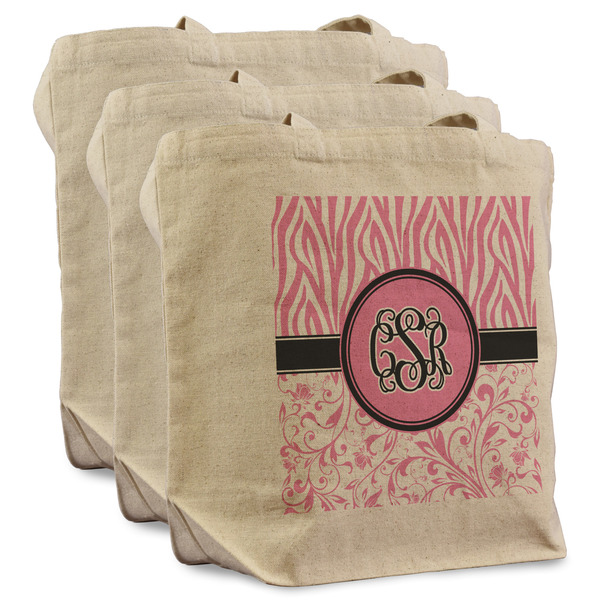 Custom Zebra & Floral Reusable Cotton Grocery Bags - Set of 3 (Personalized)