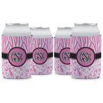 Zebra & Floral Can Cooler (12 oz) - Set of 4 w/ Monogram