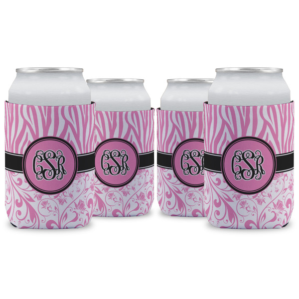 Custom Zebra & Floral Can Cooler (12 oz) - Set of 4 w/ Monogram