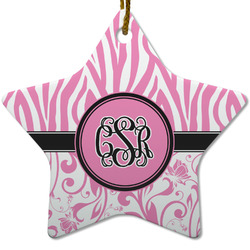 Zebra & Floral Star Ceramic Ornament w/ Monogram