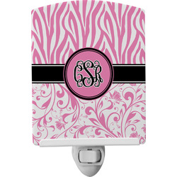 Zebra & Floral Ceramic Night Light w/ Monogram