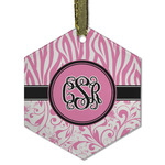 Zebra & Floral Flat Glass Ornament - Hexagon w/ Monogram