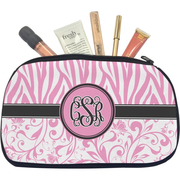 Custom Zebra & Floral Makeup / Cosmetic Bag - Medium (Personalized)