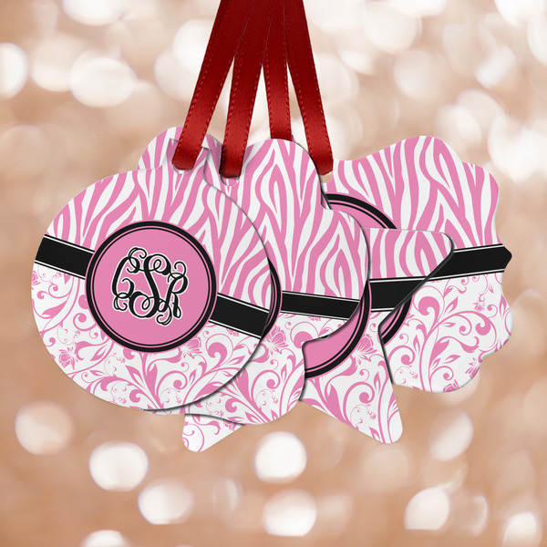 Custom Zebra & Floral Metal Ornaments - Double Sided w/ Monogram