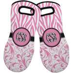 Zebra & Floral Neoprene Oven Mitts - Set of 2 w/ Monogram