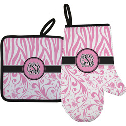 Zebra & Floral Right Oven Mitt & Pot Holder Set w/ Monogram