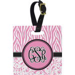 Zebra & Floral Plastic Luggage Tag - Square w/ Monogram