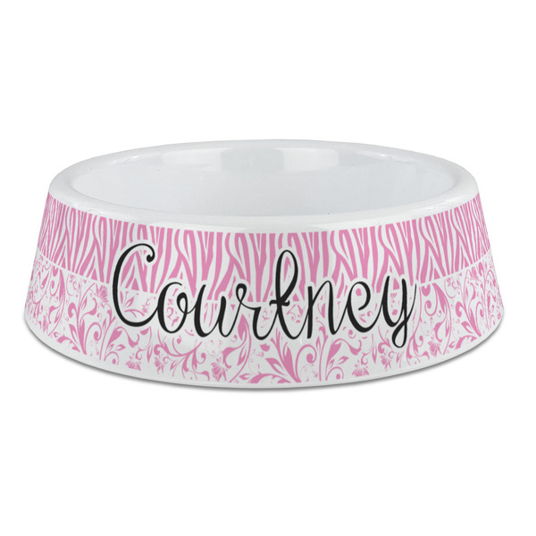 Custom Zebra & Floral Plastic Dog Bowl - Large (Personalized)