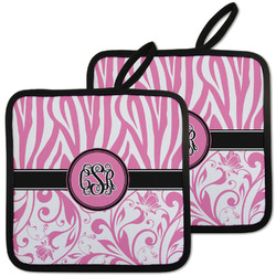 Zebra & Floral Pot Holders - Set of 2 w/ Monogram