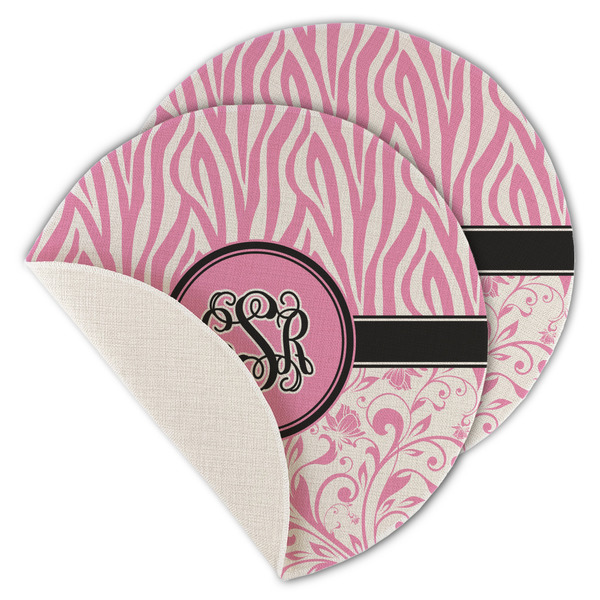 Custom Zebra & Floral Round Linen Placemat - Single Sided - Set of 4 (Personalized)