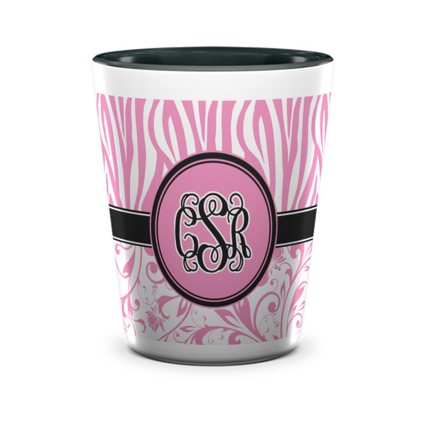 Custom Zebra & Floral Ceramic Shot Glass - 1.5 oz - Two Tone - Set of 4 (Personalized)