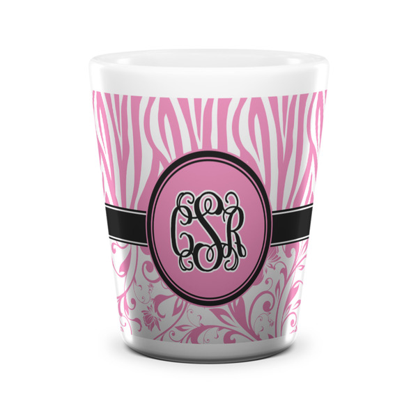 Custom Zebra & Floral Ceramic Shot Glass - 1.5 oz - White - Single (Personalized)