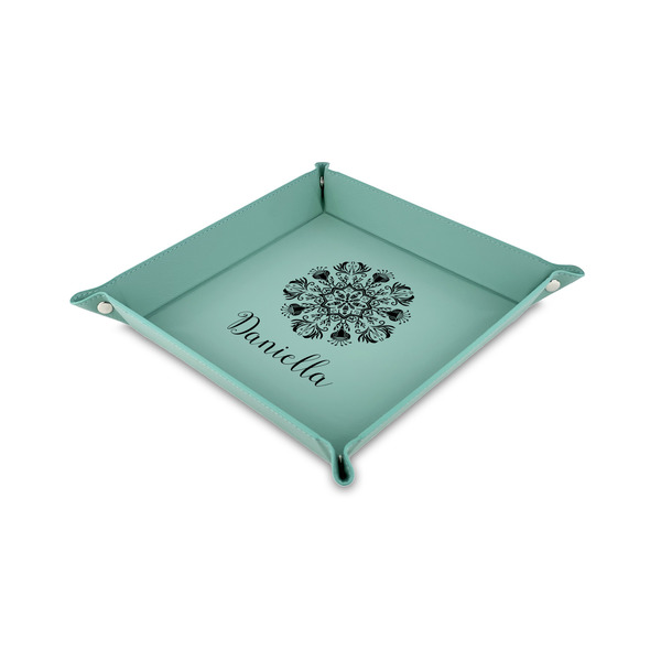 Custom Mandala Floral Faux Leather Dice Tray - 6" x 6" - Teal (Personalized)