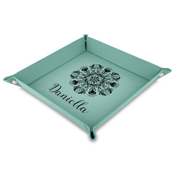 Mandala Floral Faux Leather Dice Tray - 9" x 9"  - Teal (Personalized)