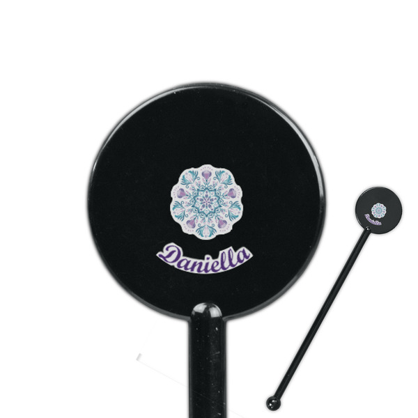 Custom Mandala Floral 5.5" Round Plastic Stir Sticks - Black - Single Sided (Personalized)