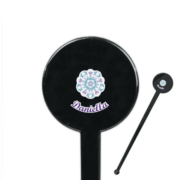 Custom Mandala Floral 7" Round Plastic Stir Sticks - Black - Double Sided (Personalized)