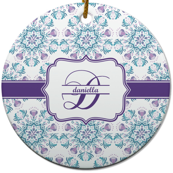 Custom Mandala Floral Round Ceramic Ornament w/ Name and Initial