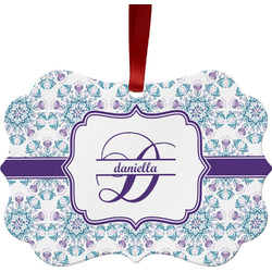 Mandala Floral Metal Frame Ornament - Double Sided w/ Name and Initial