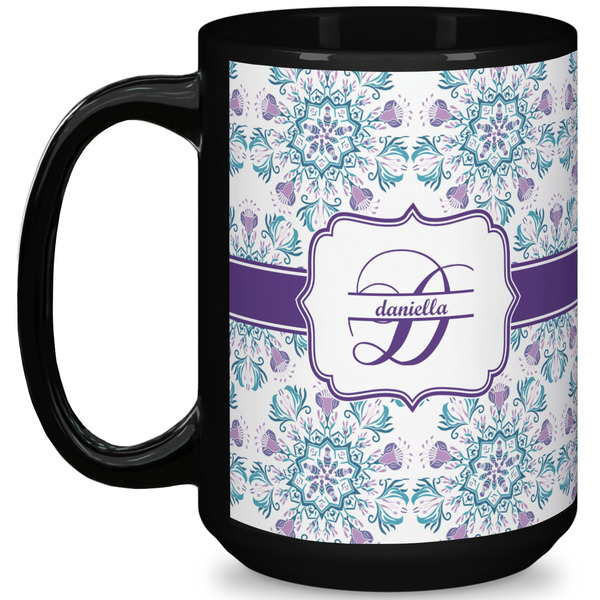 Custom Mandala Floral 15 Oz Coffee Mug - Black (Personalized)