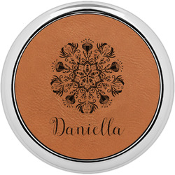 Mandala Floral Leatherette Round Coaster w/ Silver Edge - Single or Set (Personalized)