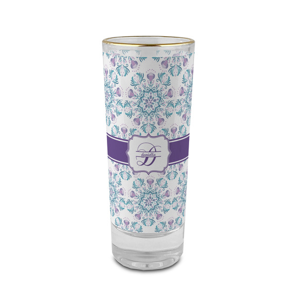 Custom Mandala Floral 2 oz Shot Glass -  Glass with Gold Rim - Single (Personalized)