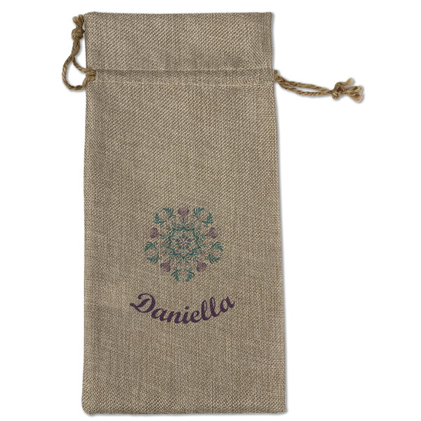 Custom Mandala Floral Large Burlap Gift Bag - Front (Personalized)