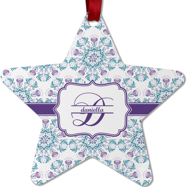 Custom Mandala Floral Metal Star Ornament - Double Sided w/ Name and Initial