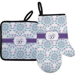 Mandala Floral Right Oven Mitt & Pot Holder Set w/ Name and Initial