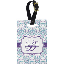 Mandala Floral Plastic Luggage Tag - Rectangular w/ Name and Initial