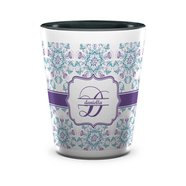 Custom Mandala Floral Ceramic Shot Glass - 1.5 oz - Two Tone - Set of 4 (Personalized)