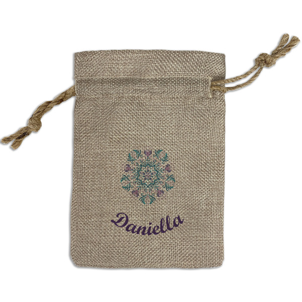 Custom Mandala Floral Small Burlap Gift Bag - Front (Personalized)