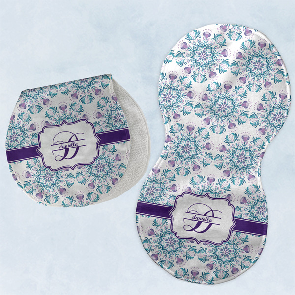 Custom Mandala Floral Burp Pads - Velour - Set of 2 w/ Name and Initial