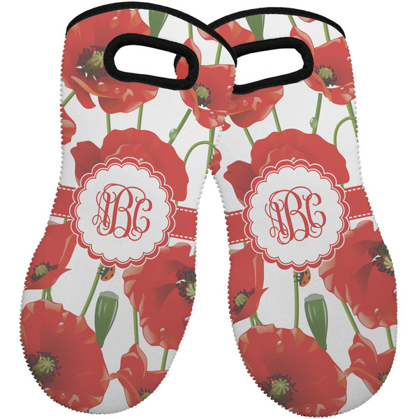 Custom Poppies Neoprene Oven Mitts - Set of 2 w/ Monogram