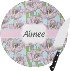 Wild Tulips Round Glass Cutting Board - Small (Personalized)