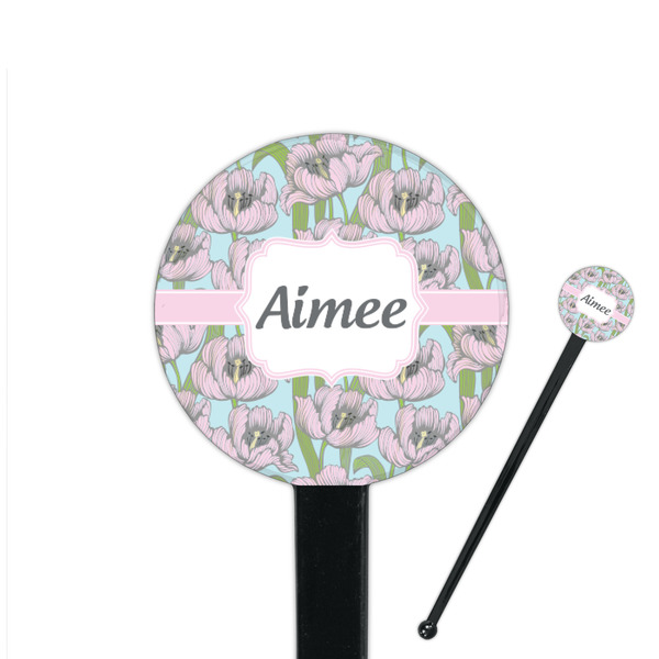 Custom Wild Tulips 7" Round Plastic Stir Sticks - Black - Double Sided (Personalized)