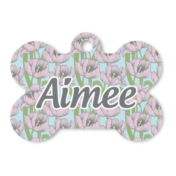 Custom Wild Tulips Bone Shaped Dog ID Tag (Personalized)