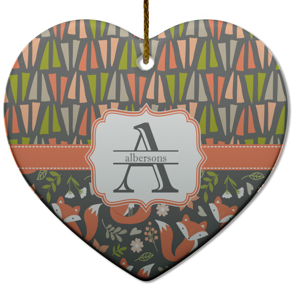 Custom Fox Trail Floral Heart Ceramic Ornament w/ Name and Initial