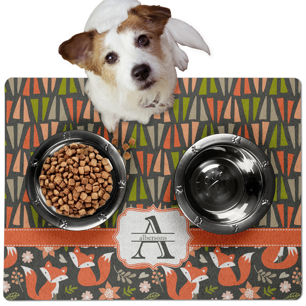 Custom Fox Trail Floral Dog Food Mat - Medium w/ Name and Initial