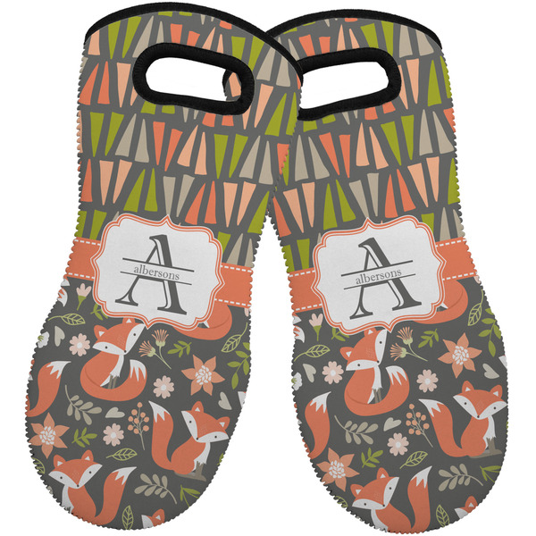 Custom Fox Trail Floral Neoprene Oven Mitts - Set of 2 w/ Name and Initial