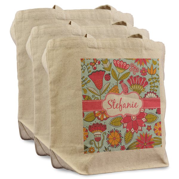 Custom Wild Flowers Reusable Cotton Grocery Bags - Set of 3 (Personalized)